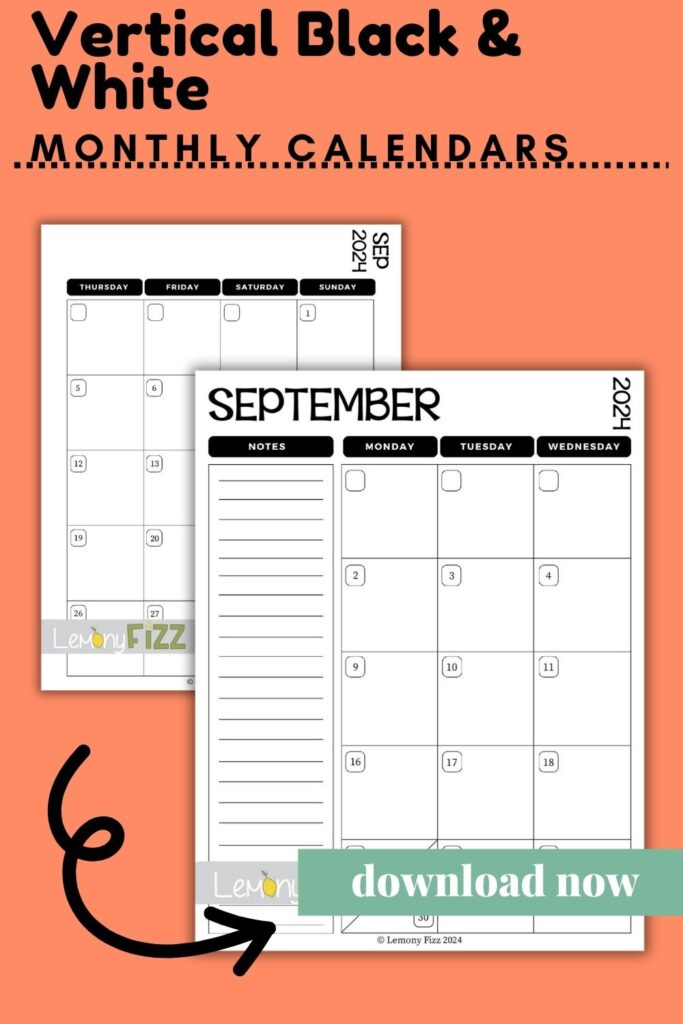 September 2024 calendar black and white vertical printable