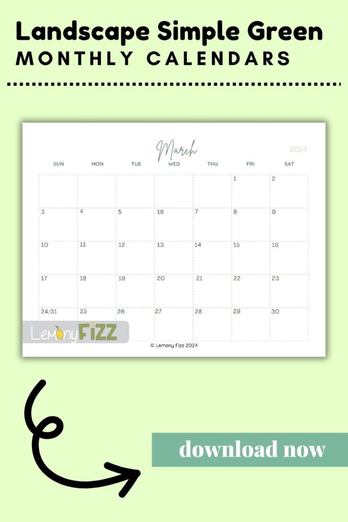 Simply Green minimalist calendar for March 2024.