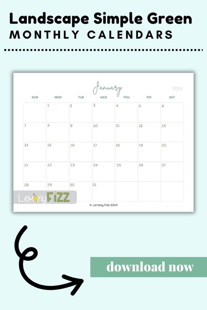 Simply Green minimalist calendar for January 2024.