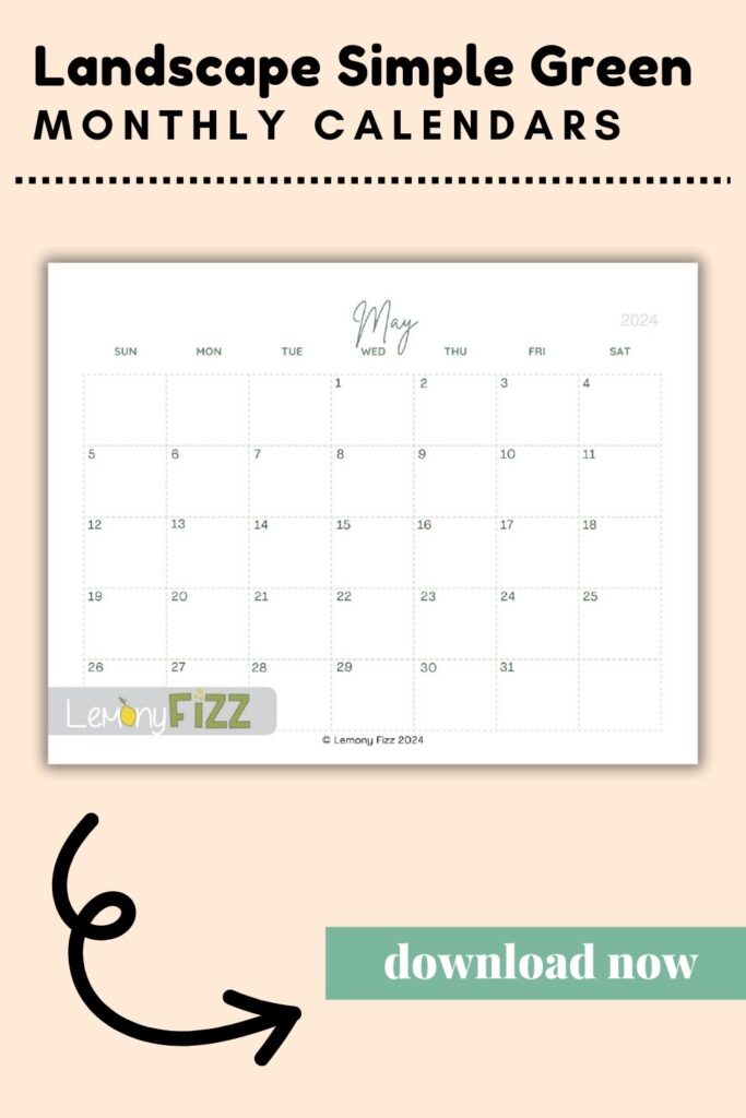 Simply Green minimalist calendar for May 2024.