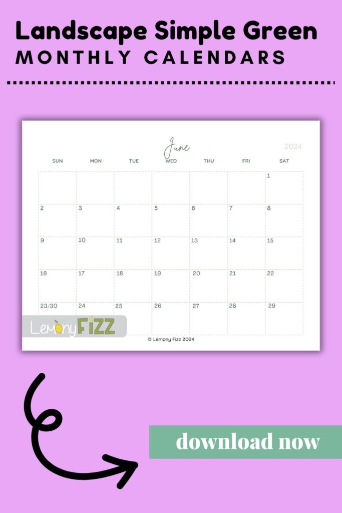 Simply Green minimalist calendar for June 2024.