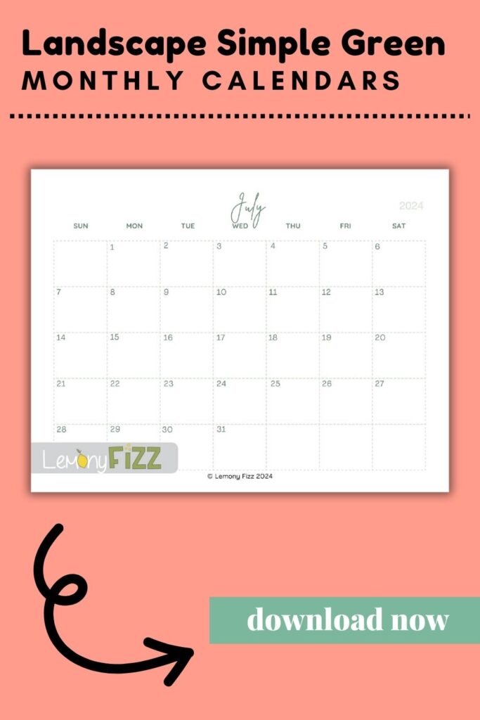 Simply Green minimalist calendar for July 2024.