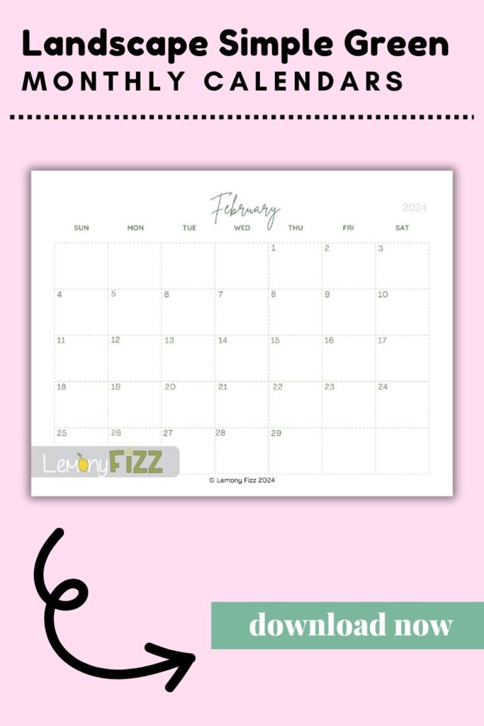 Simply Green minimalist calendar for February 2024. 