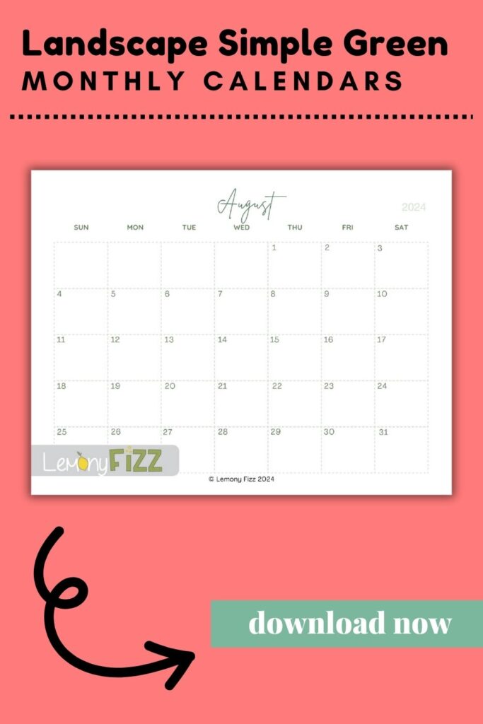 Simply Green minimalist calendar for August 2024.