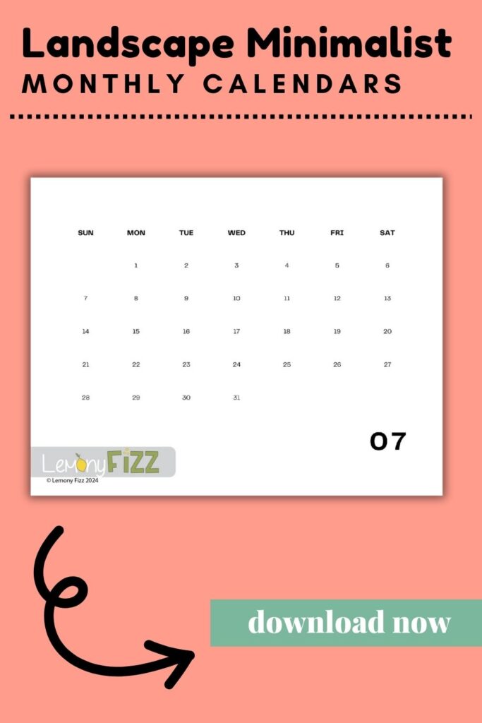 Minimalist Calendar Template 2024 – Horizontal July Calendar Get your streamlined 2024 July calendar layout for easy organizing.