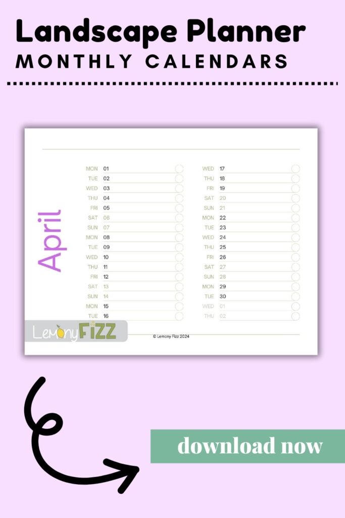 Simple calendar template 2024 – Landscape April Calendar