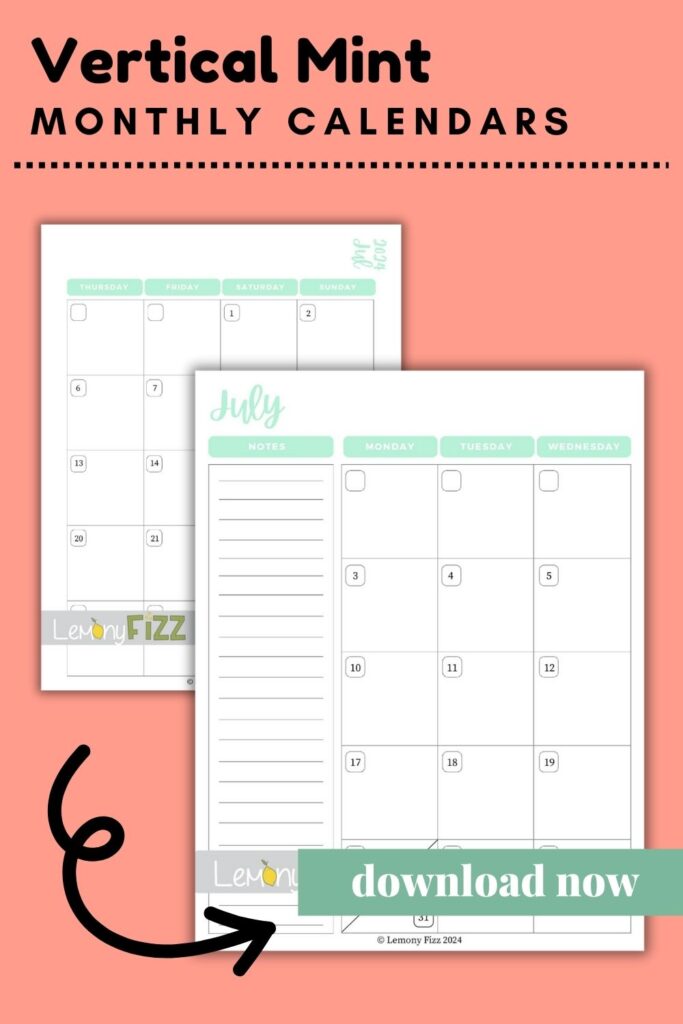 vertical mint July calendar 2024