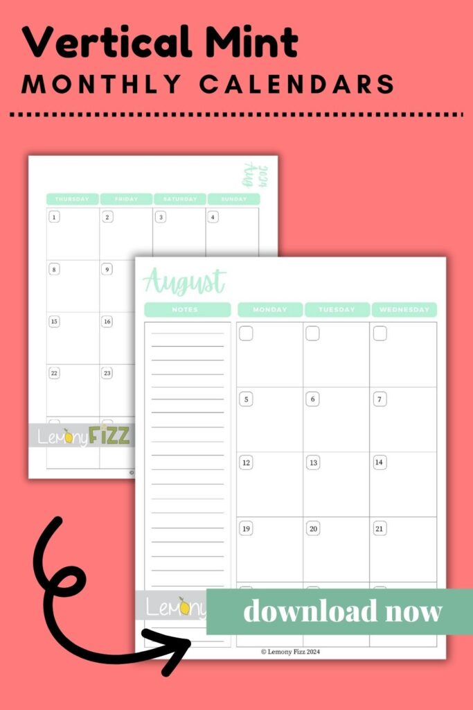 vertical mint August calendar 2024
