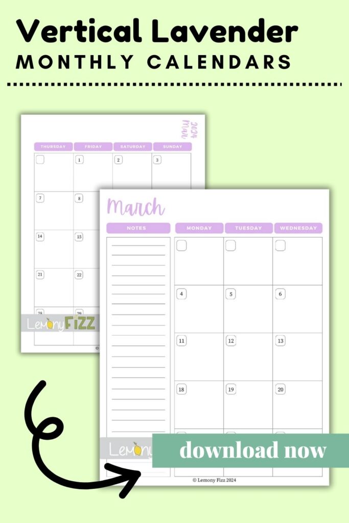 vertical lavendar march calendar 2024