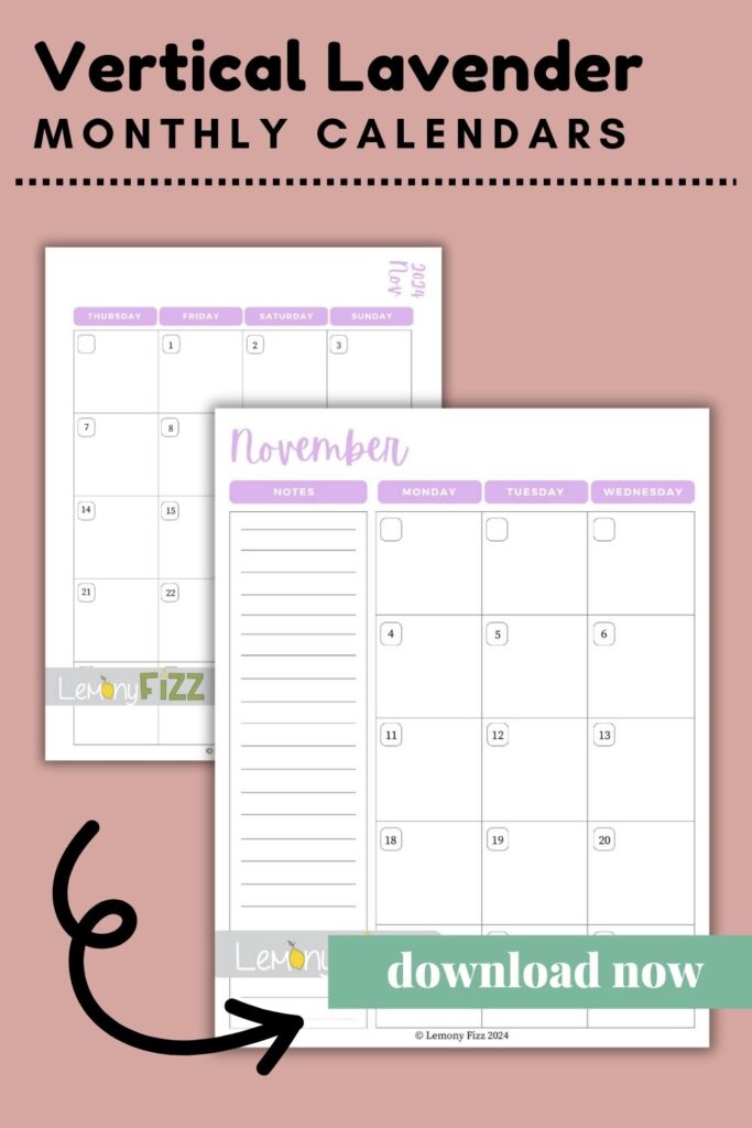 vertical lavendar November calendar 2024