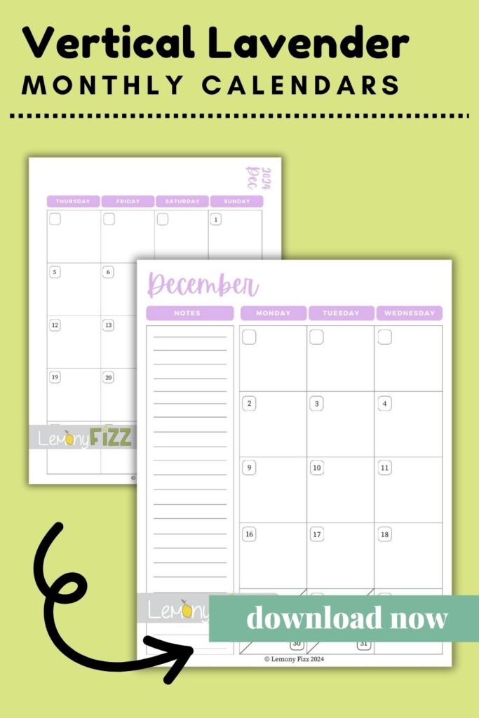 vertical lavendar December calendar 2024