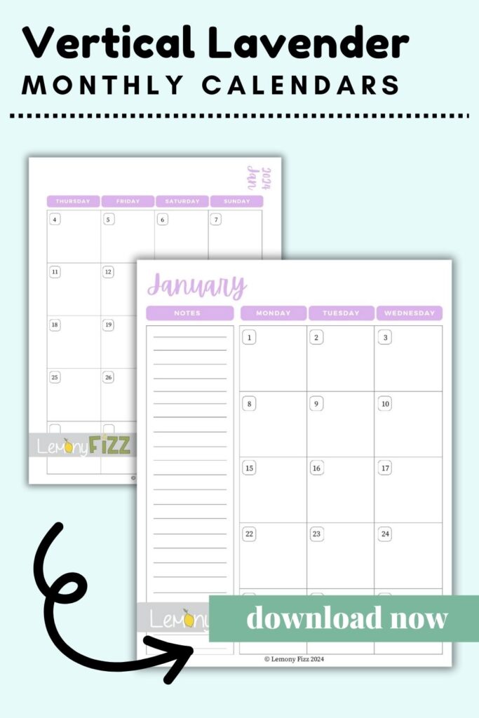 vertical lavendar January calendar 2024