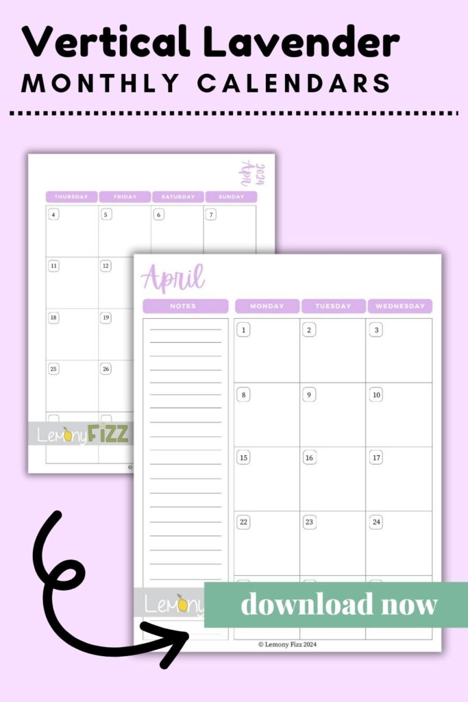 vertical lavendar april calendar 2024