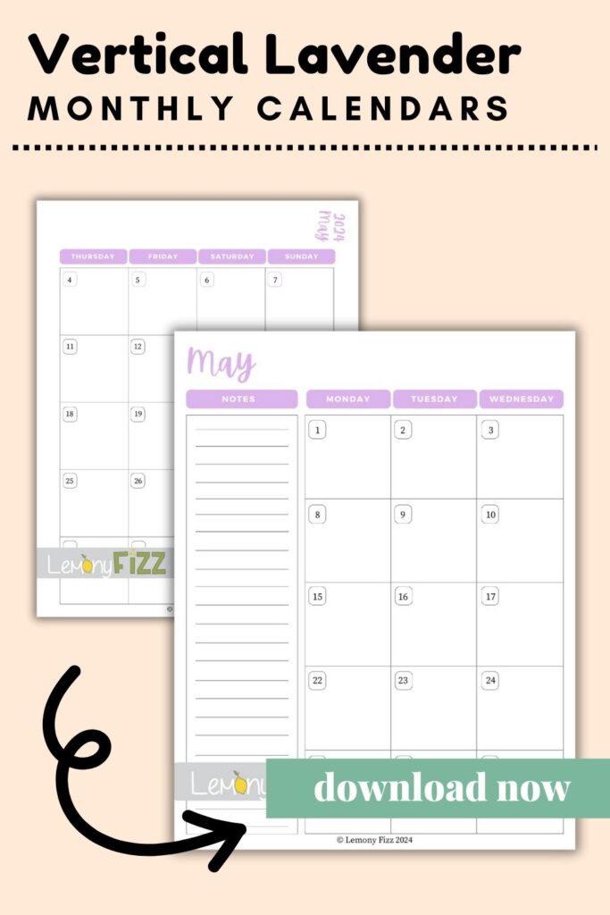 vertical lavendar May calendar 2024