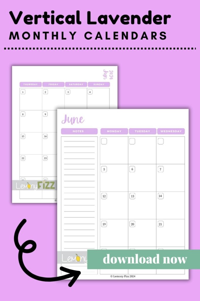 vertical lavendar June calendar 2024