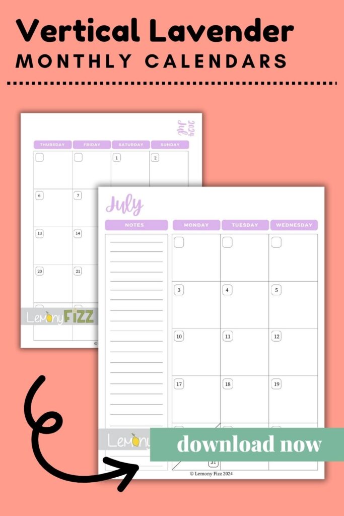 vertical lavendar July calendar 2024