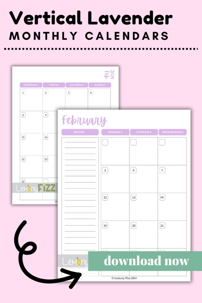 Vertical Lavender February 2024 Calendar 