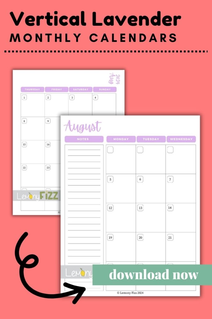 vertical lavendar August calendar 2024