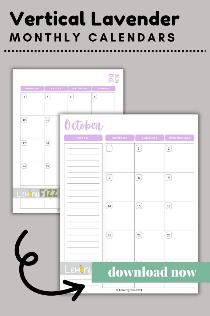 vertical lavendar October calendar 2024
