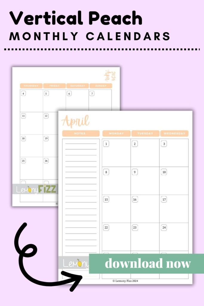 Vertical Peach April 2024 Calendar