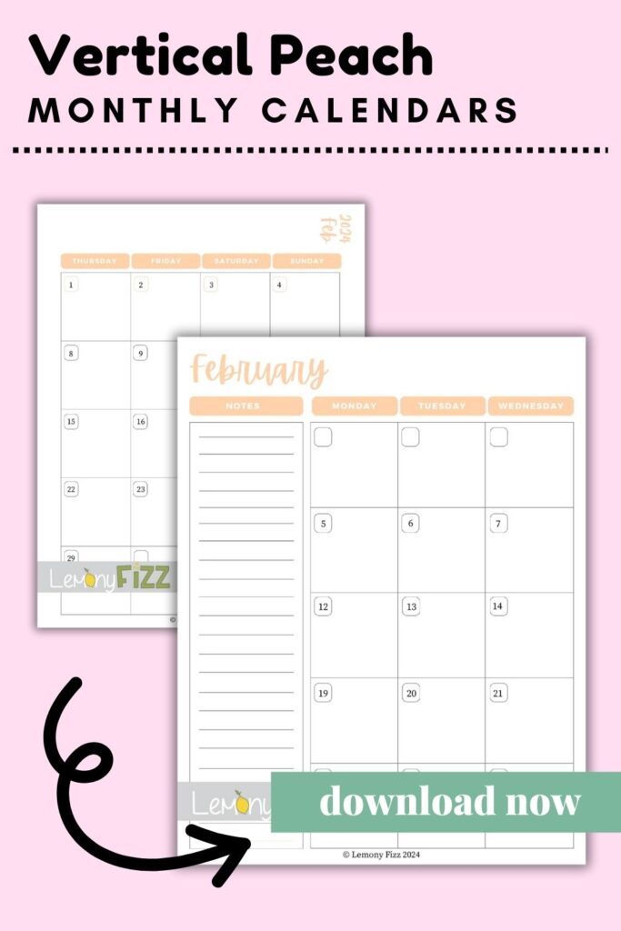Vertical Peach February 2024 Calendar 