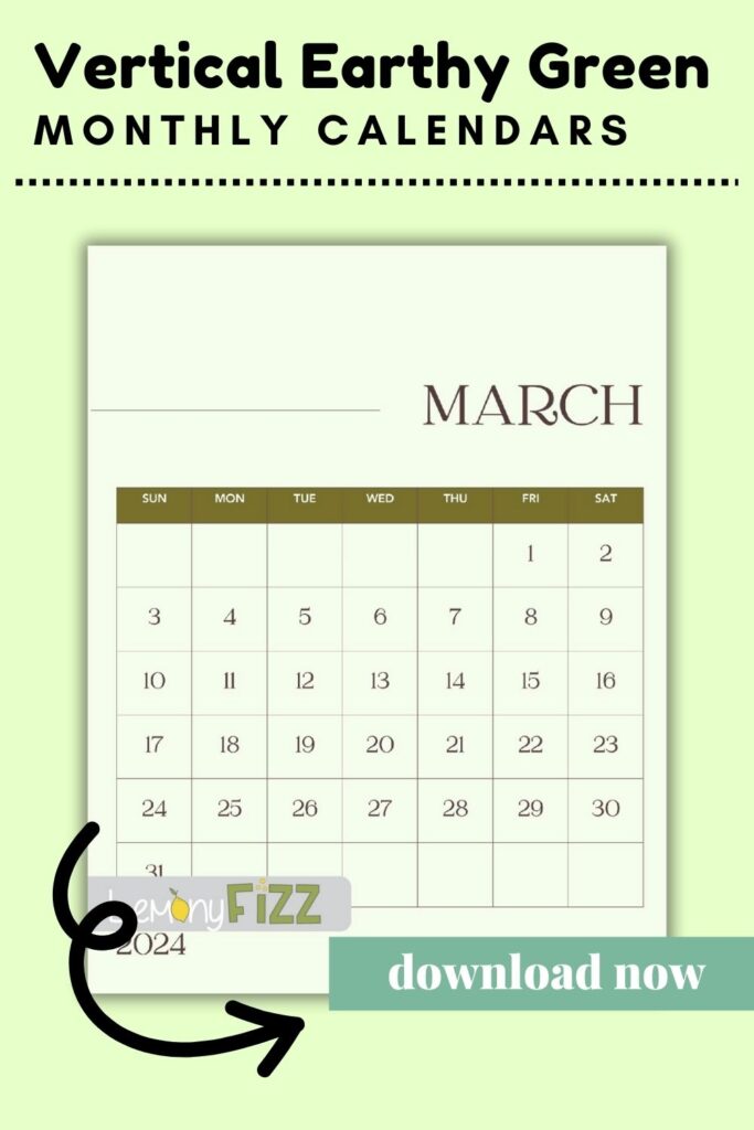 vertical simple green march 2024 calendar