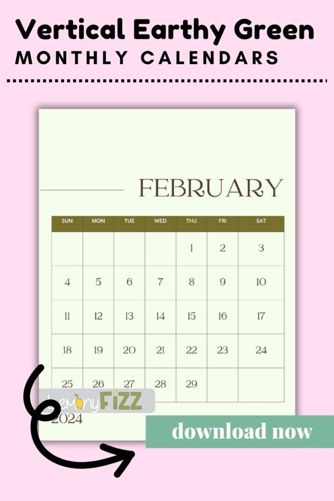 vertical simple green february calendar