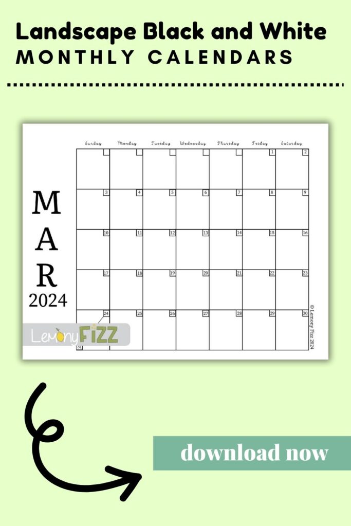 landscape black and white 2024 march calendar