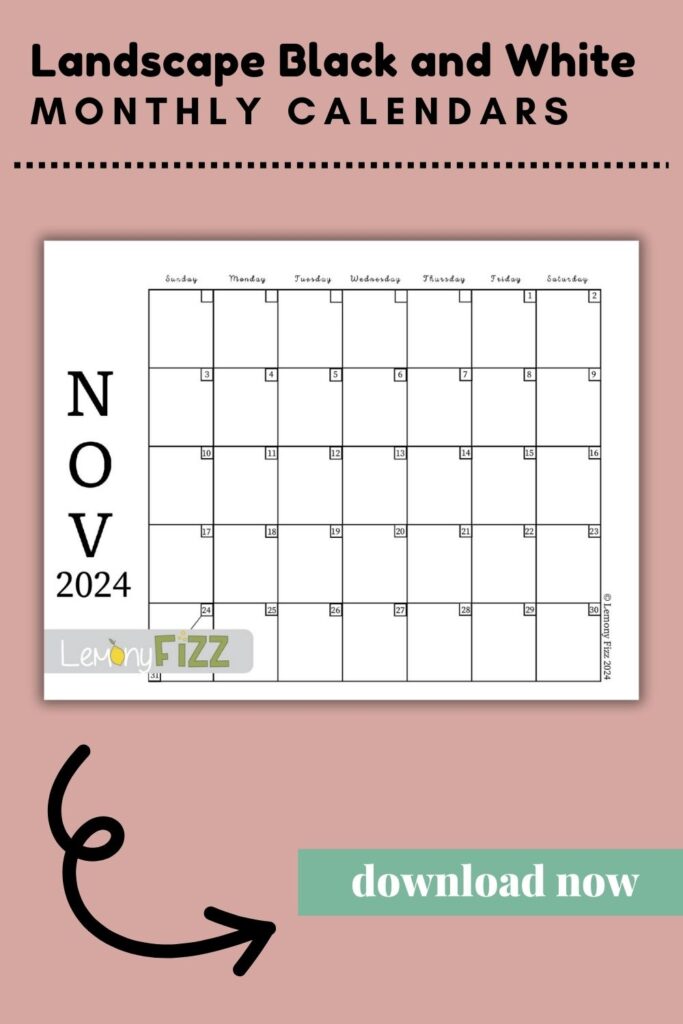 Feel free to print the chic landscape black and white calendar design for November 2024.
