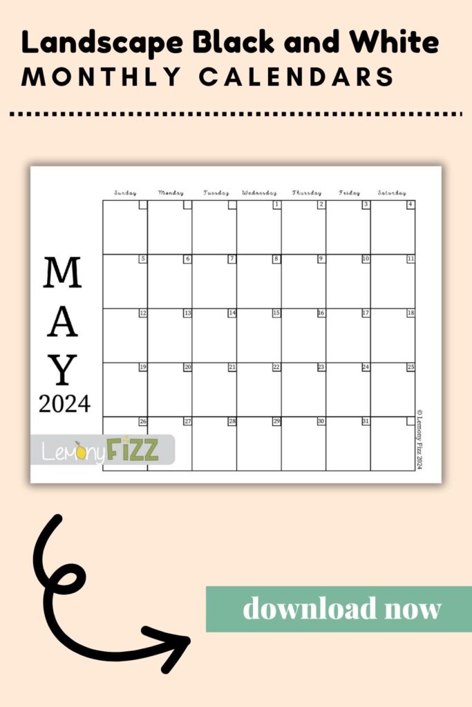 Feel free to print the chic landscape black and white calendar design for May 2024.