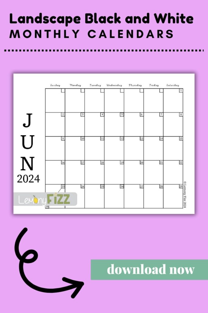 Feel free to print the chic landscape black and white calendar design for June 2024.