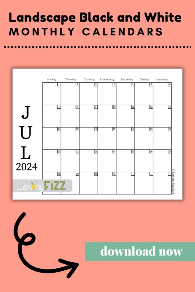 Feel free to print the chic landscape black and white calendar design for July 2024.
