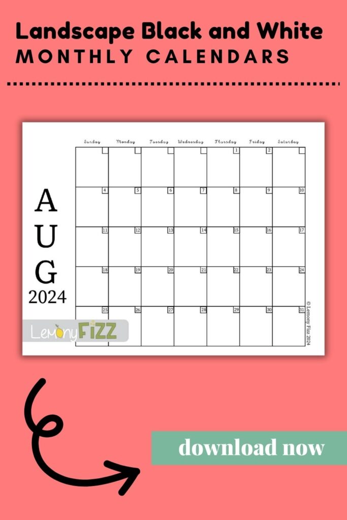 Feel free to print the chic landscape black and white calendar design for August 2024.