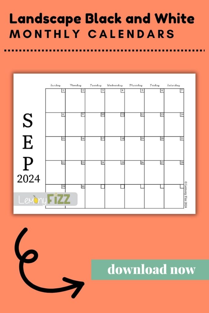 Feel free to print the chic landscape black and white calendar design for September 2024.