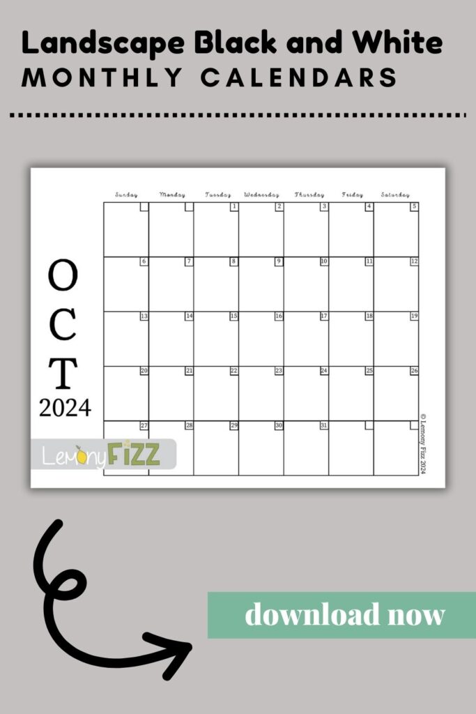 Feel free to print the chic landscape black and white calendar design for Oct 2024.