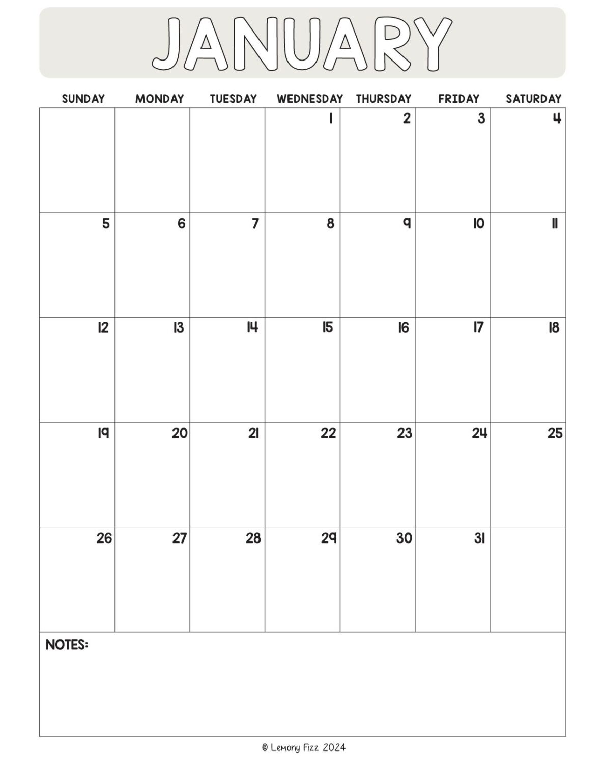 January 2025 Monthly Calendar to Print