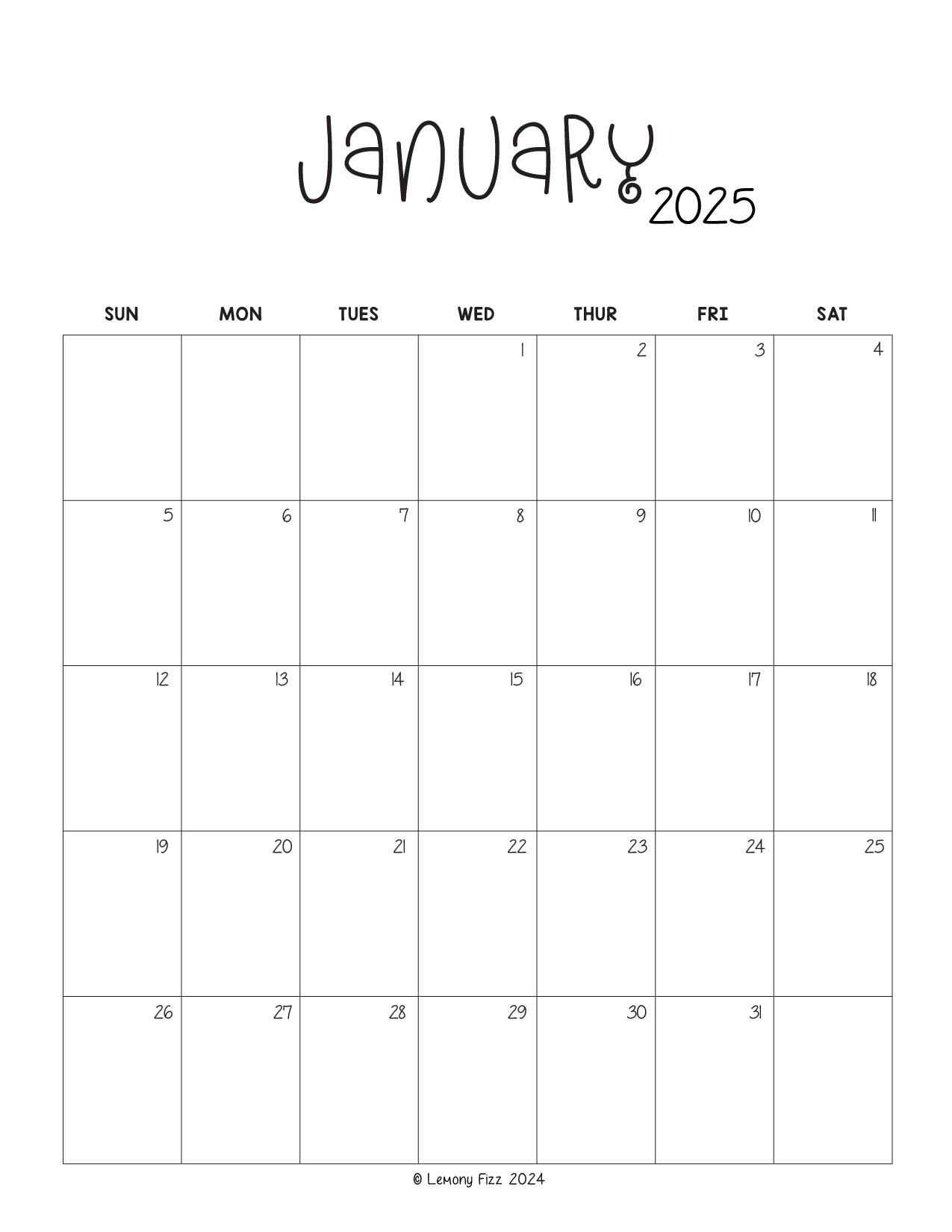 January 2025 Monthly Calendar to Print