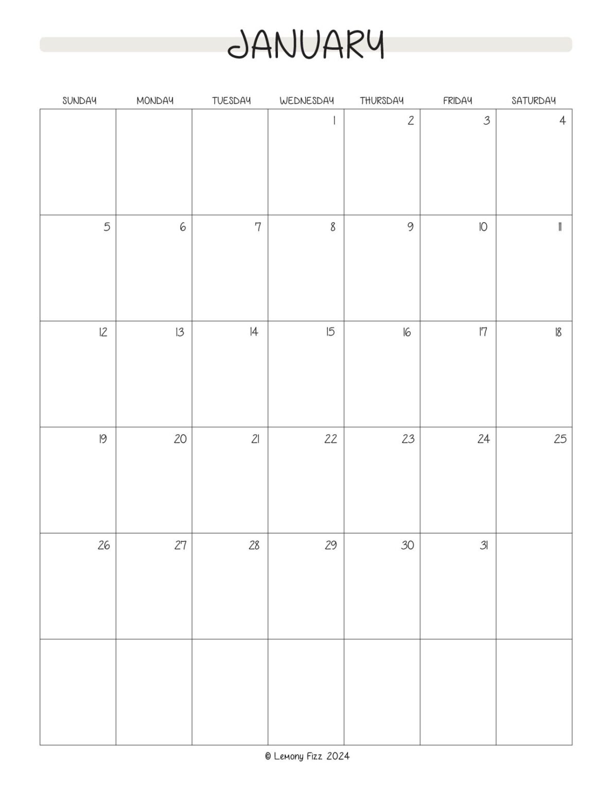 January 2025 Monthly Calendar to Print