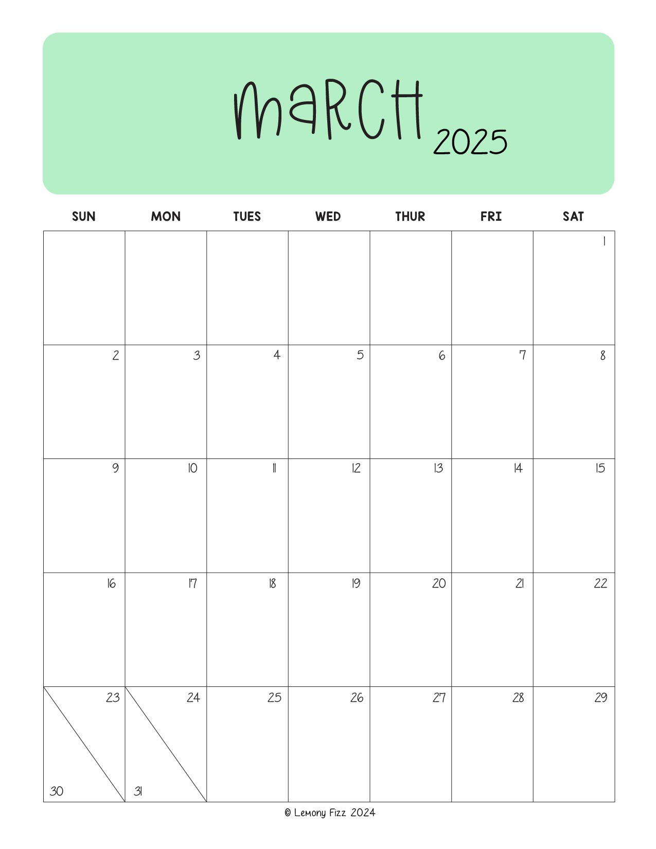 March 2025 Monthly Calendar to Print