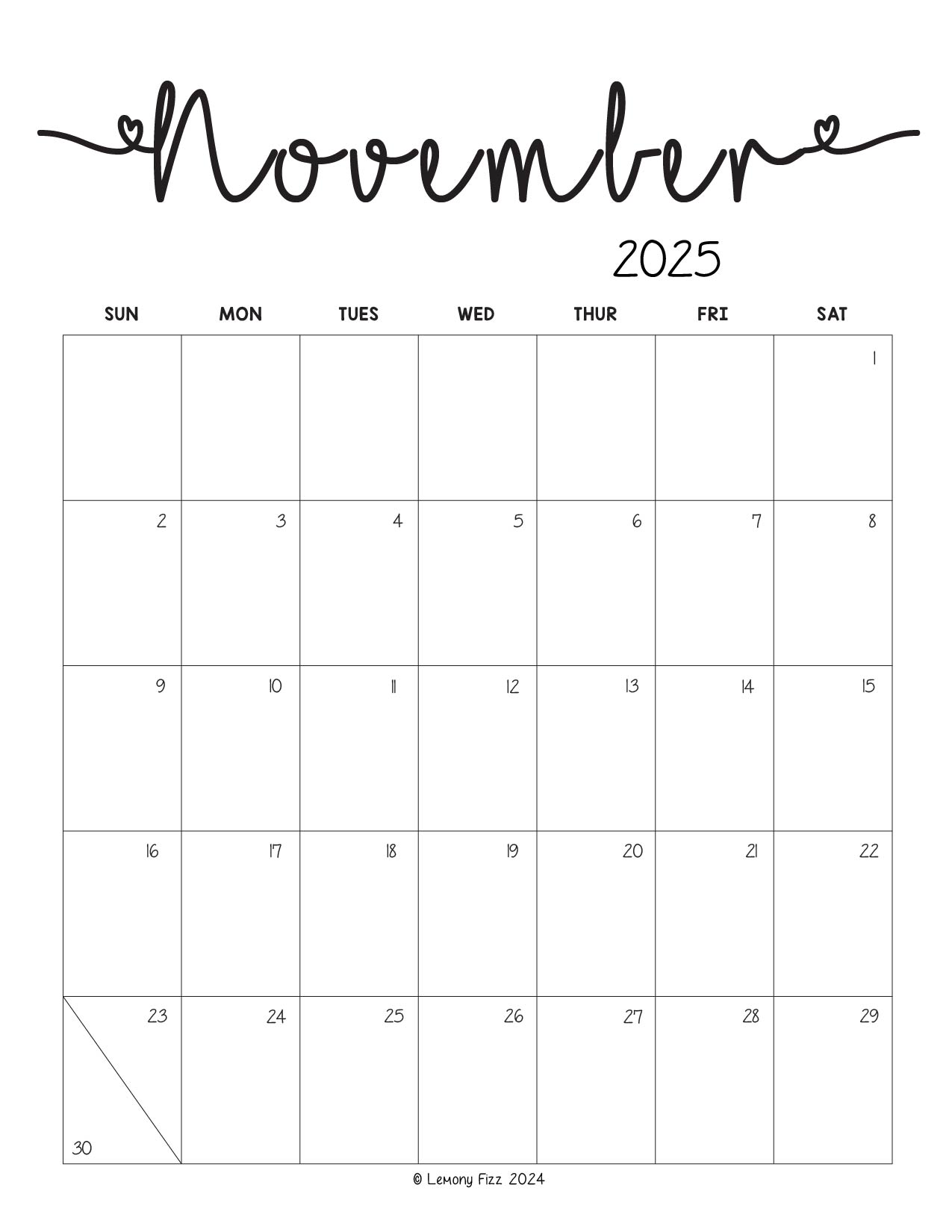 November 2025 Monthly Calendars to Print