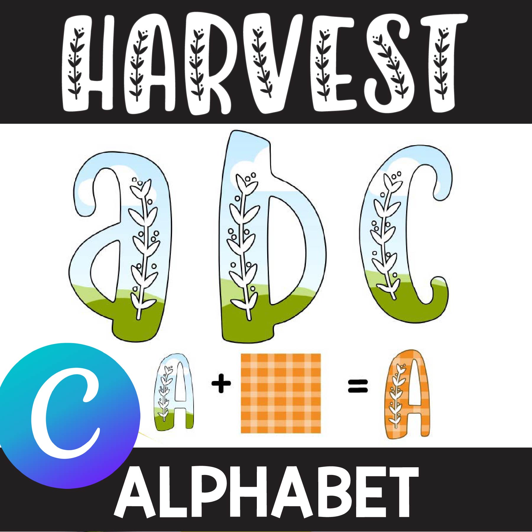 Fall Harvest Alphabet fillable Canva letter frames.
